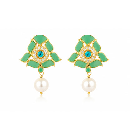 Turquoise Halo 925 Sterling Silver Pearl Drop Earrings