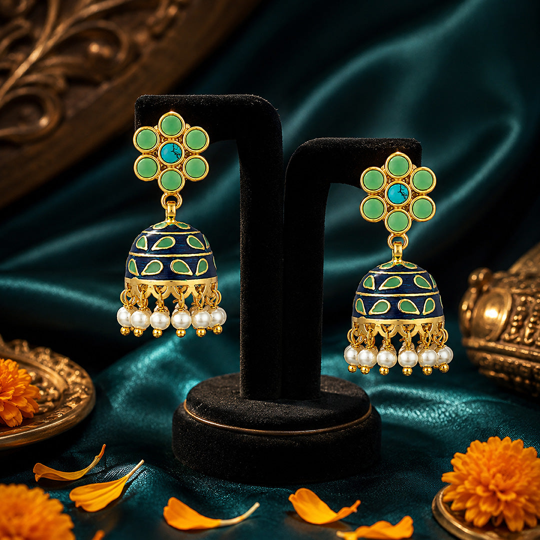 Turquoise Jhumka 925 Sterling Silver Pearl Drop Earrings