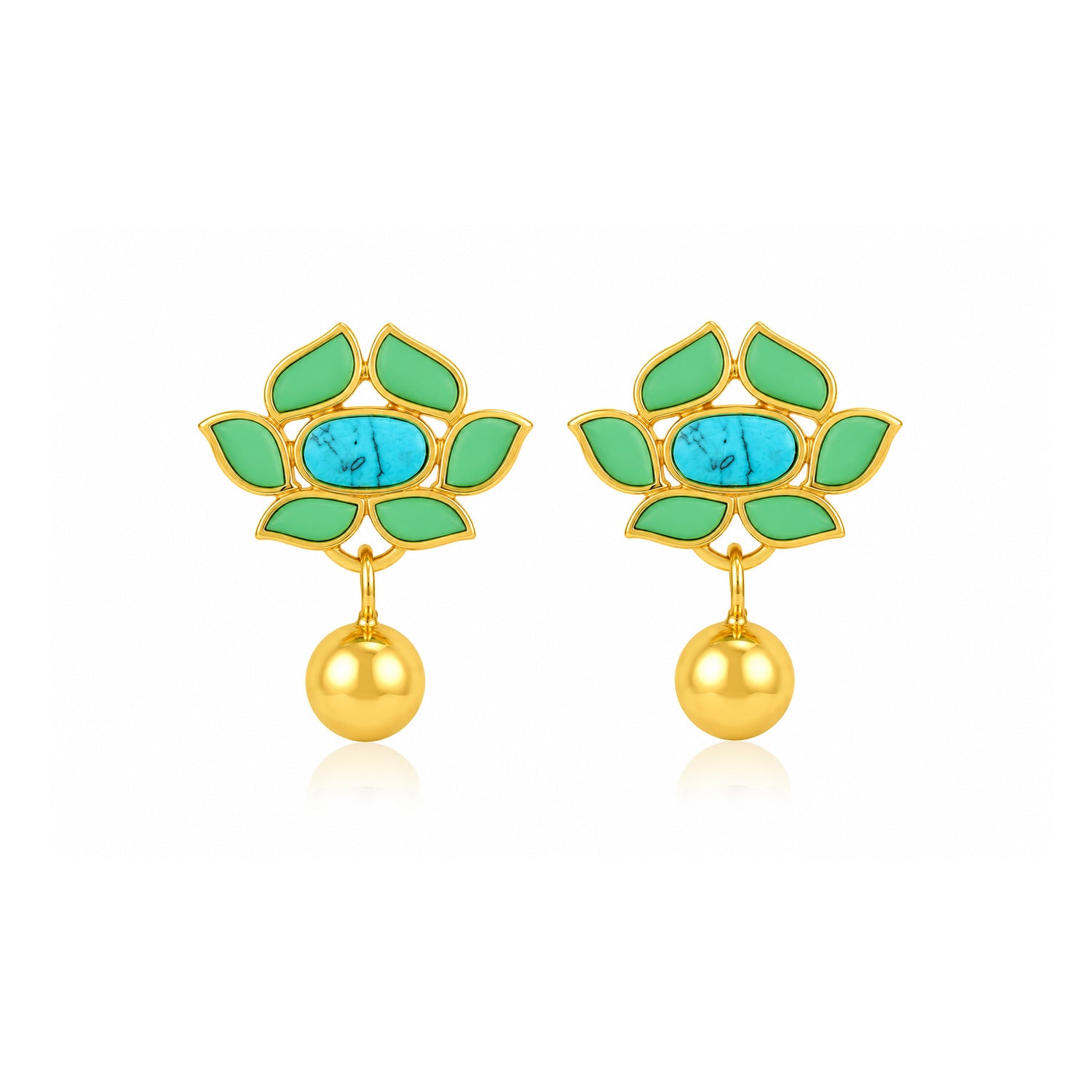 Turquoise Lotus Green Petal 925 Sterling Silver Golden Drop Earrings
