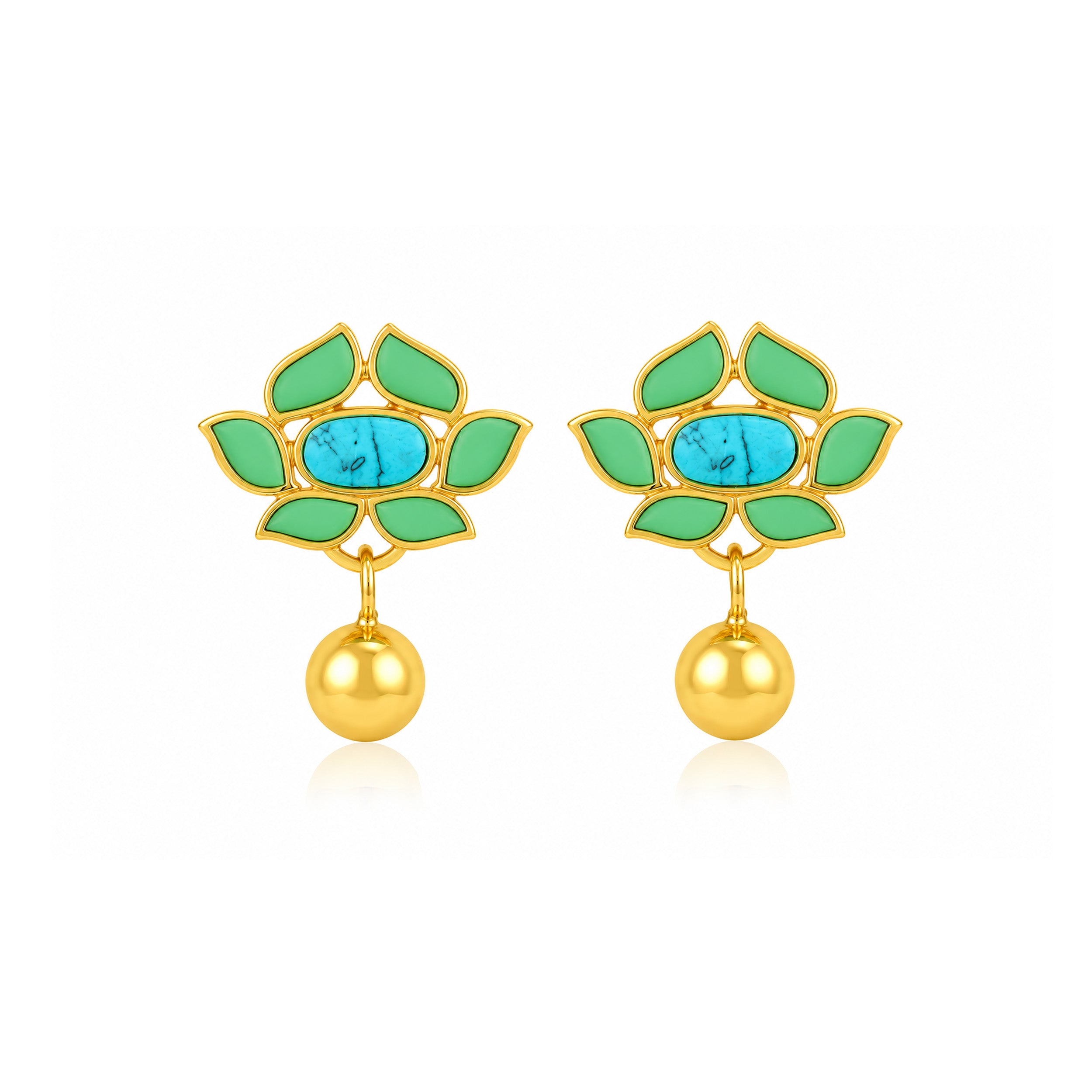 Turquoise Lotus Green Petal 925 Sterling Silver Golden Drop Earrings