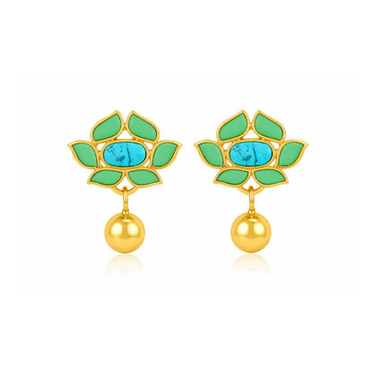 Turquoise Lotus Green Petal 925 Sterling Silver Golden Drop Earrings