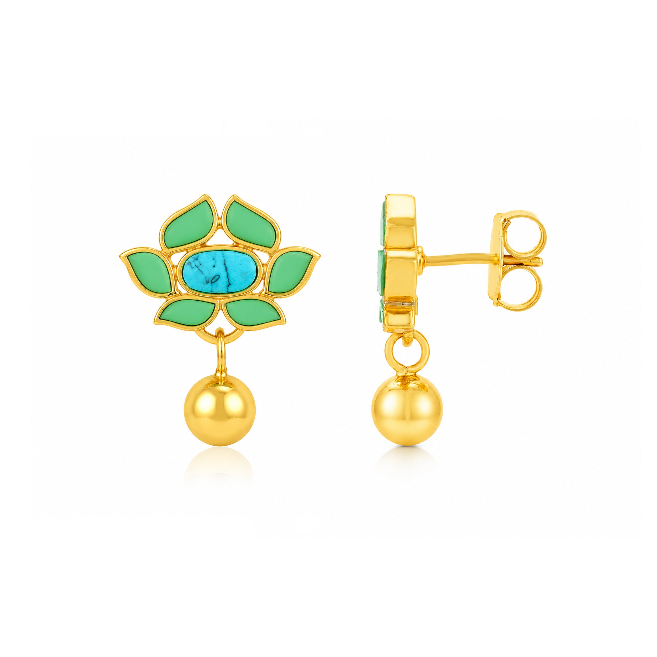 Turquoise Lotus Green Petal 925 Sterling Silver Golden Drop Earrings