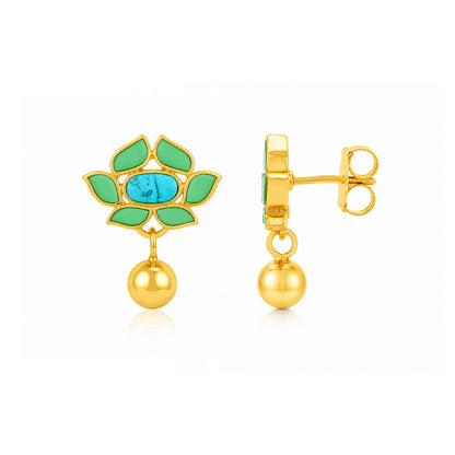 Turquoise Lotus Green Petal 925 Sterling Silver Golden Drop Earrings