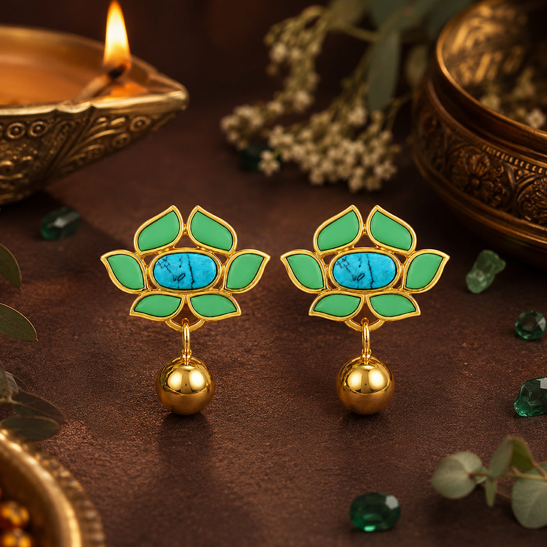 Turquoise Lotus Green Petal 925 Sterling Silver Golden Drop Earrings