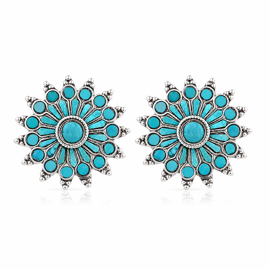 Turquoise Oxidized Silver Sunburst Stud Earrings