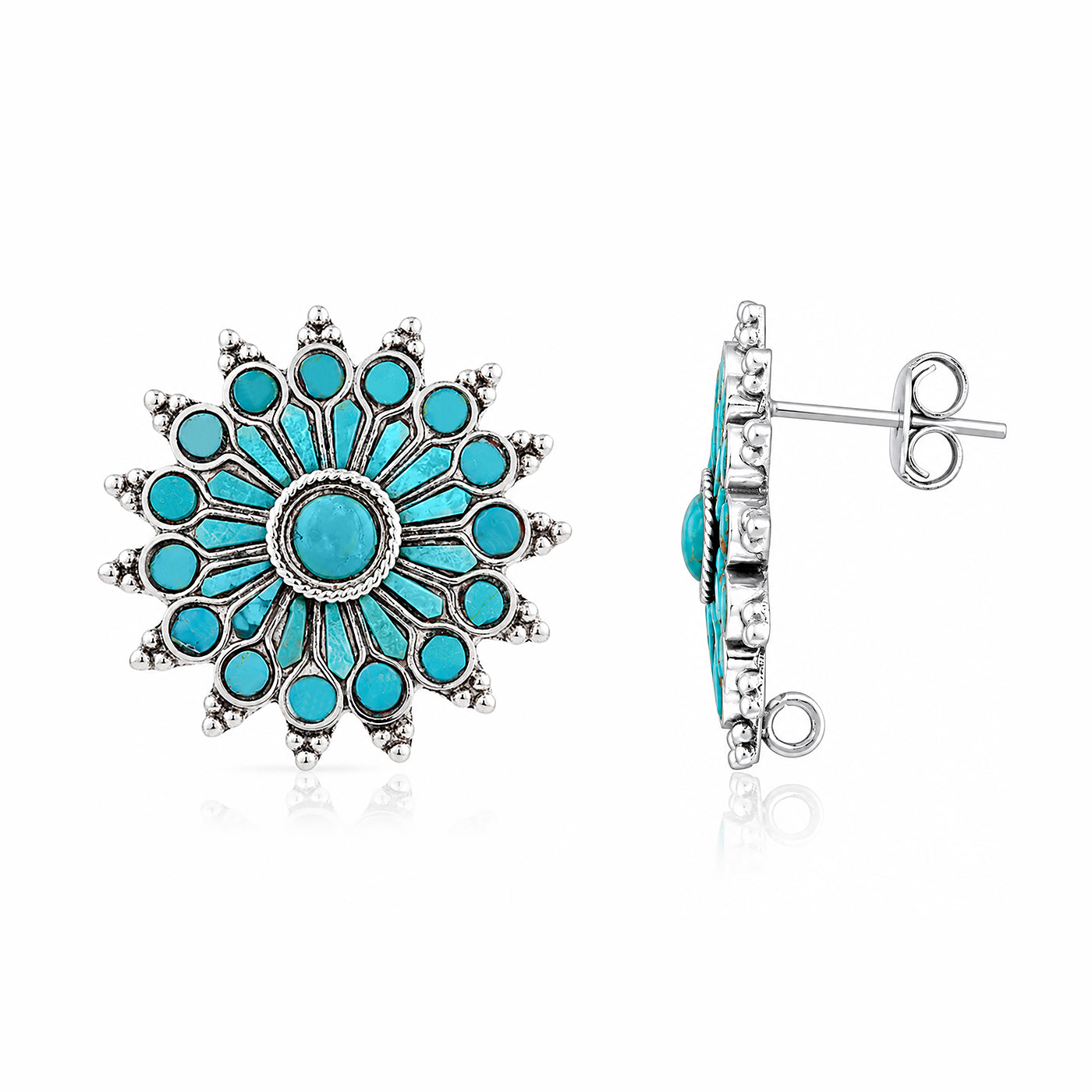 Turquoise Oxidized Silver Sunburst Stud Earrings