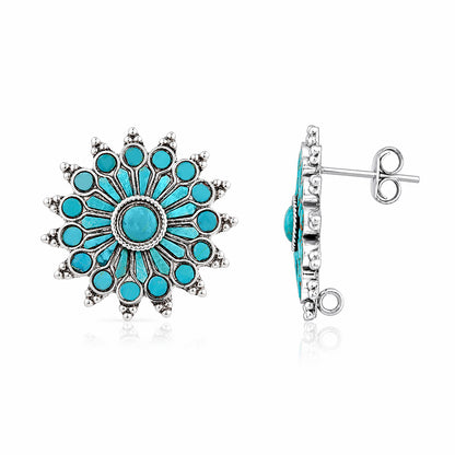 Turquoise Oxidized Silver Sunburst Stud Earrings