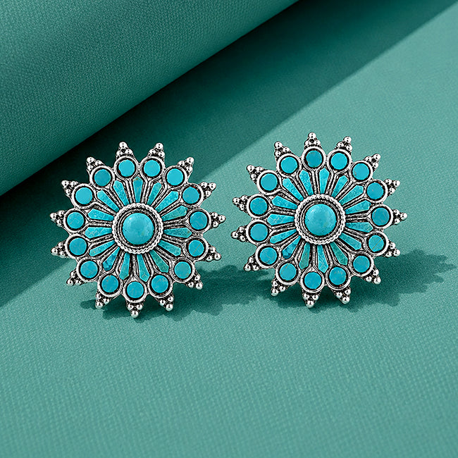 Turquoise Oxidized Silver Sunburst Stud Earrings