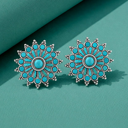 Turquoise Oxidized Silver Sunburst Stud Earrings