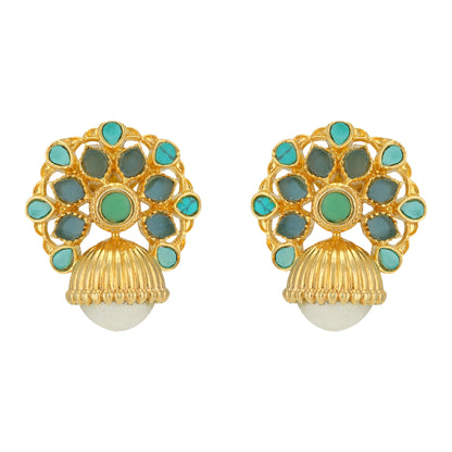 Turquoise Stoned Pearl Dangler Gold Plated 925 Earrings