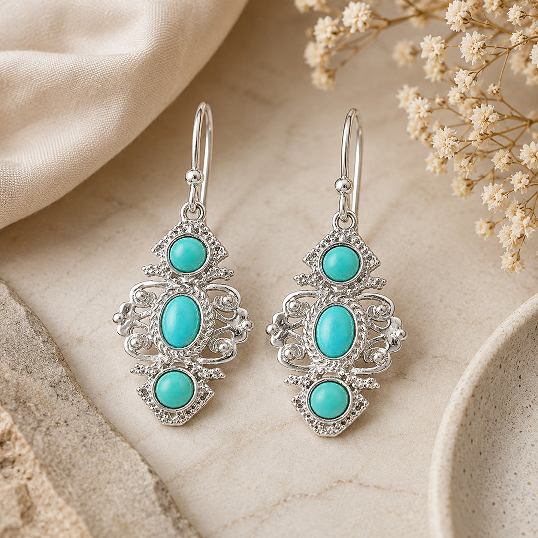 Turquoise Tribal Drop 925 Sterling Silver Earrings