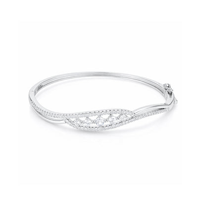 Silver bracelet with diamond accents on a white background
