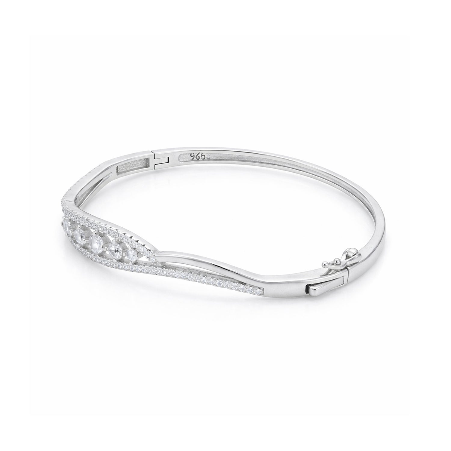 Silver bracelet with floral design on a white background