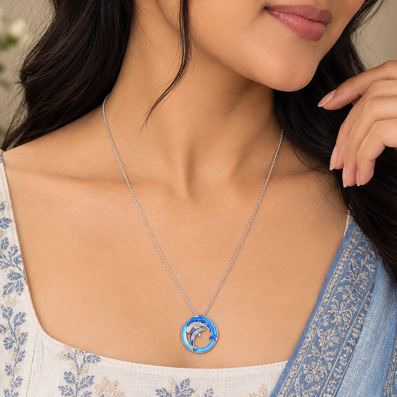 Twin Dolphins Rhodium Plated Eternal Water Chain Pendants