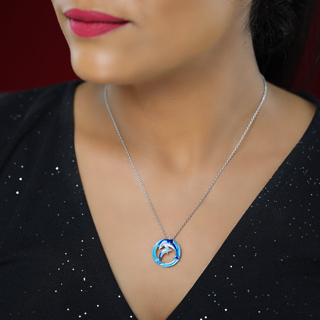 Twin Dolphins Rhodium Plated Eternal Water Chain Pendants
