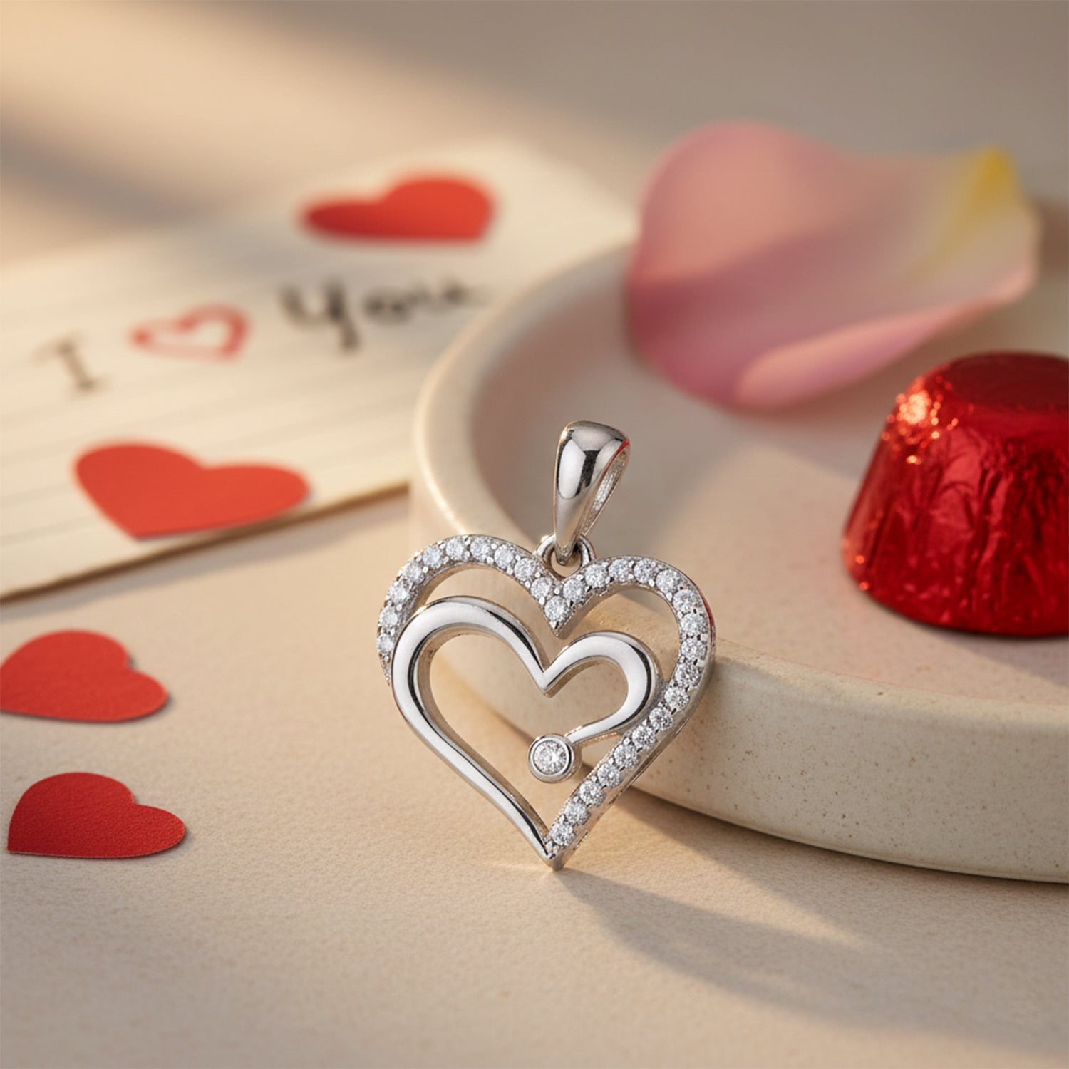 Heart-shaped silver pendant with diamonds on a romantic setting with heart-shaped candies and cards.