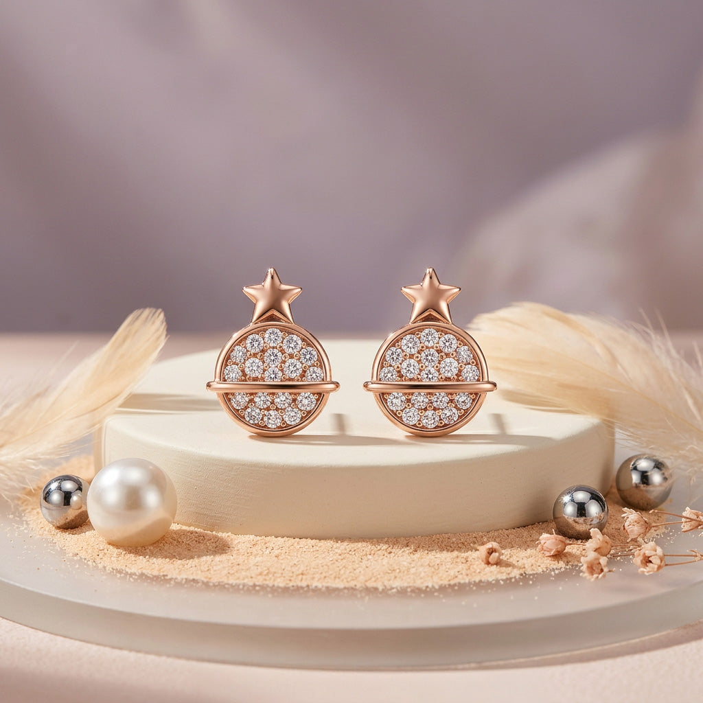 Twinkling Saturn Star 925 Sterling Silver Rose Gold Stud for Kids