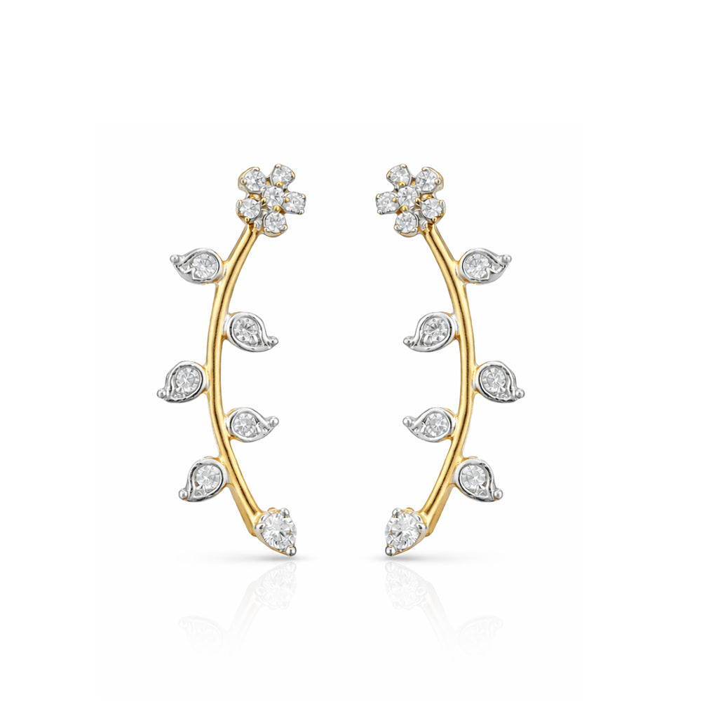 Gold earrings with diamond accents on a white background