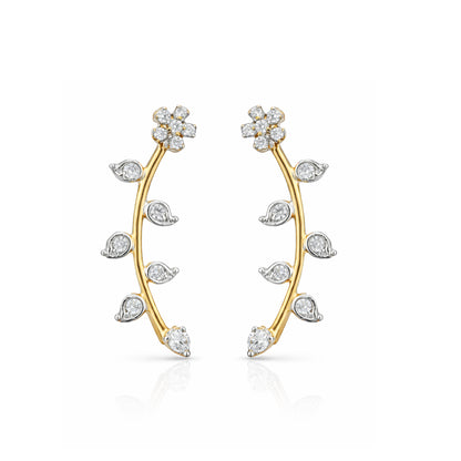 Gold earrings with diamond accents on a white background