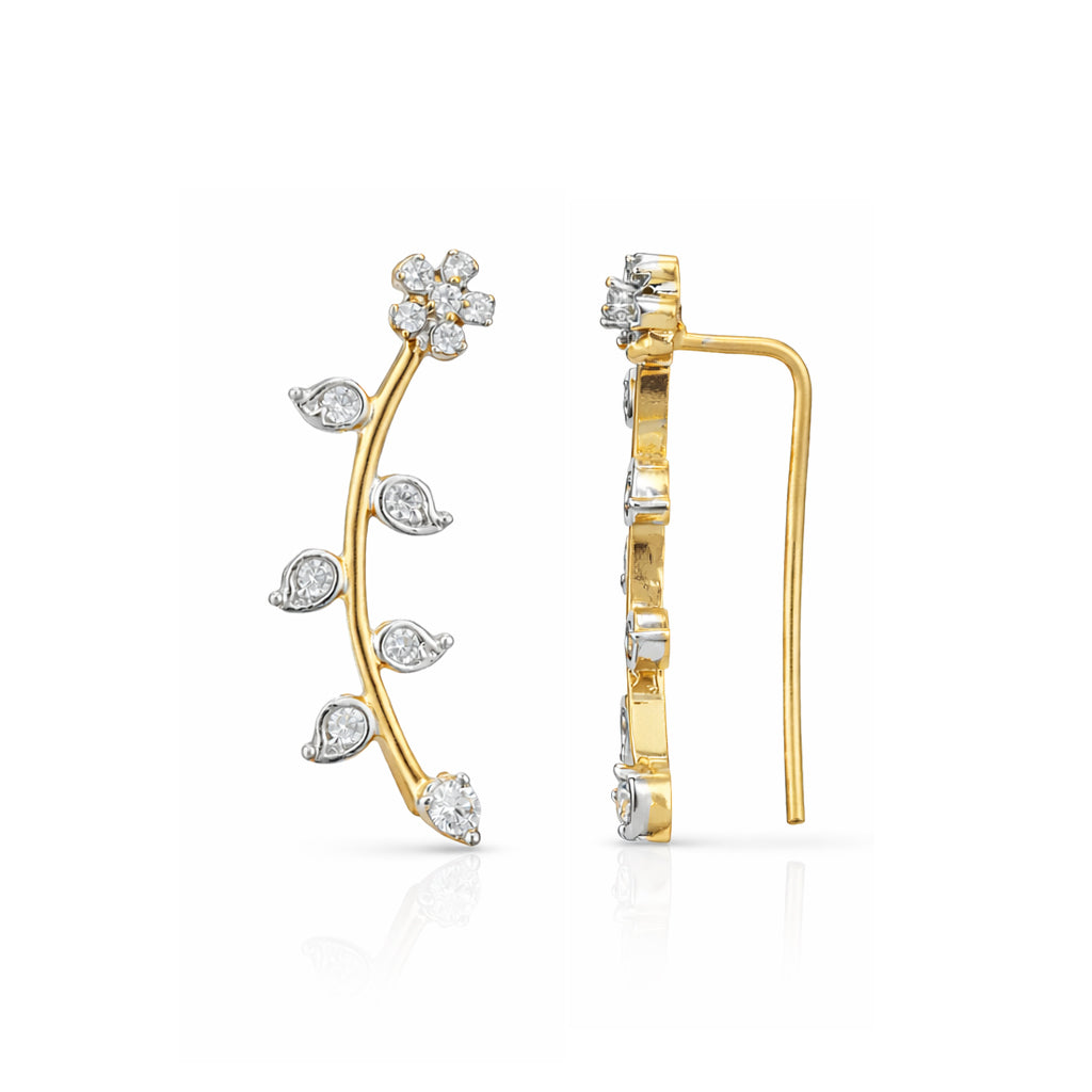 Gold earrings with diamond accents on a white background