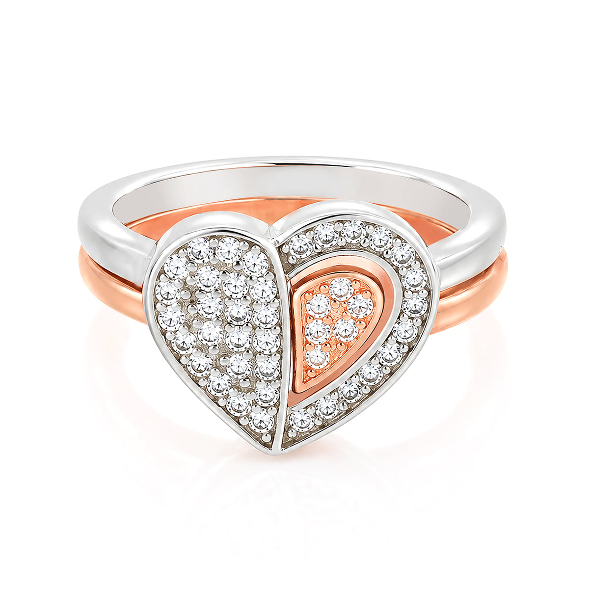 Two Tone Crystal Pave Heart Sterling Silver Ring