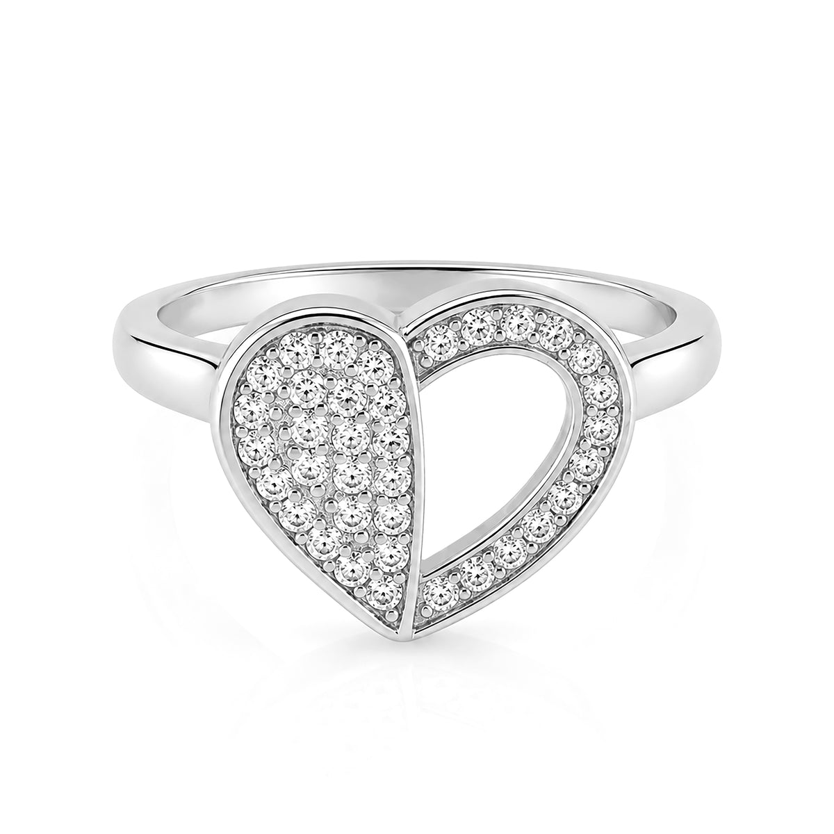 Two Tone Crystal Pave Heart Sterling Silver Ring