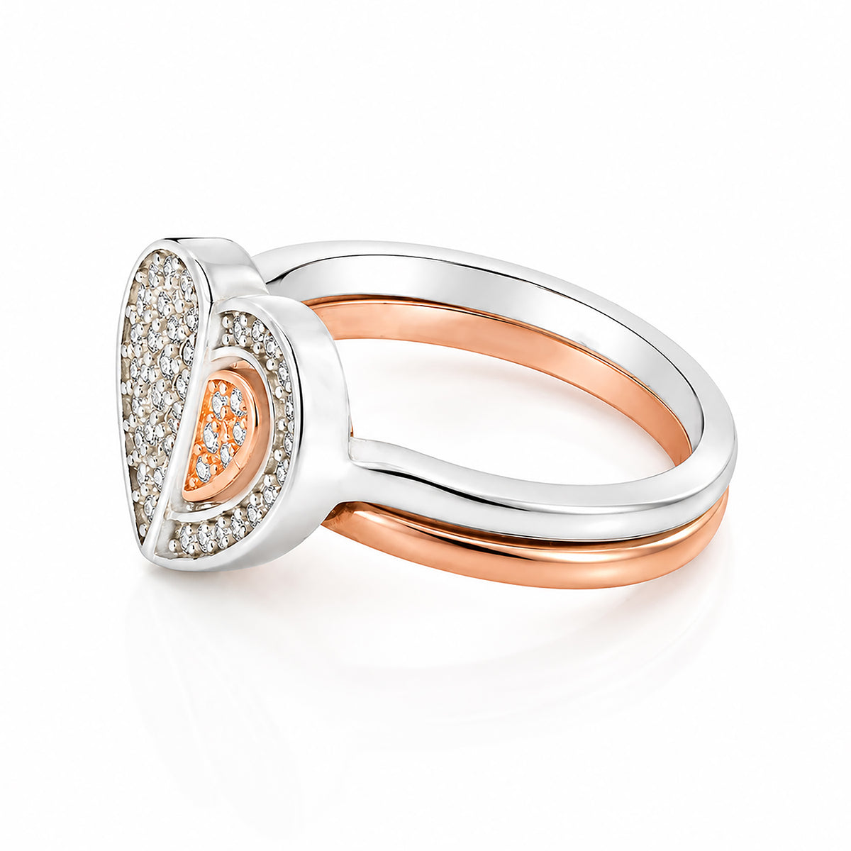 Two Tone Crystal Pave Heart Sterling Silver Ring