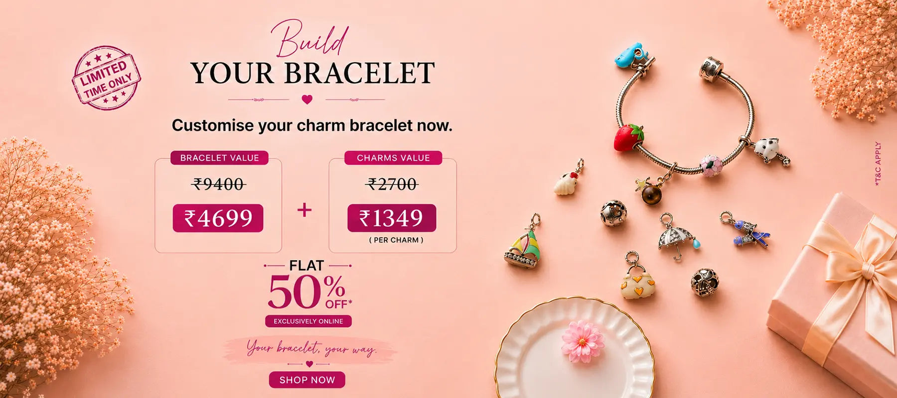 Bracelet customization offer with charms and packaging on a pink background