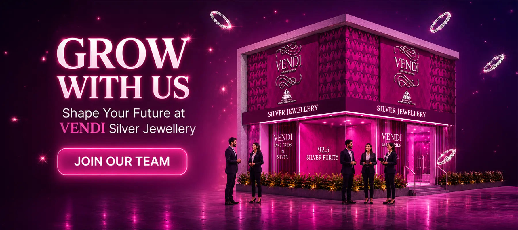 Promotional banner for Vendi Silver Jewellery with a building and people in front, set against a dark background with pink text.