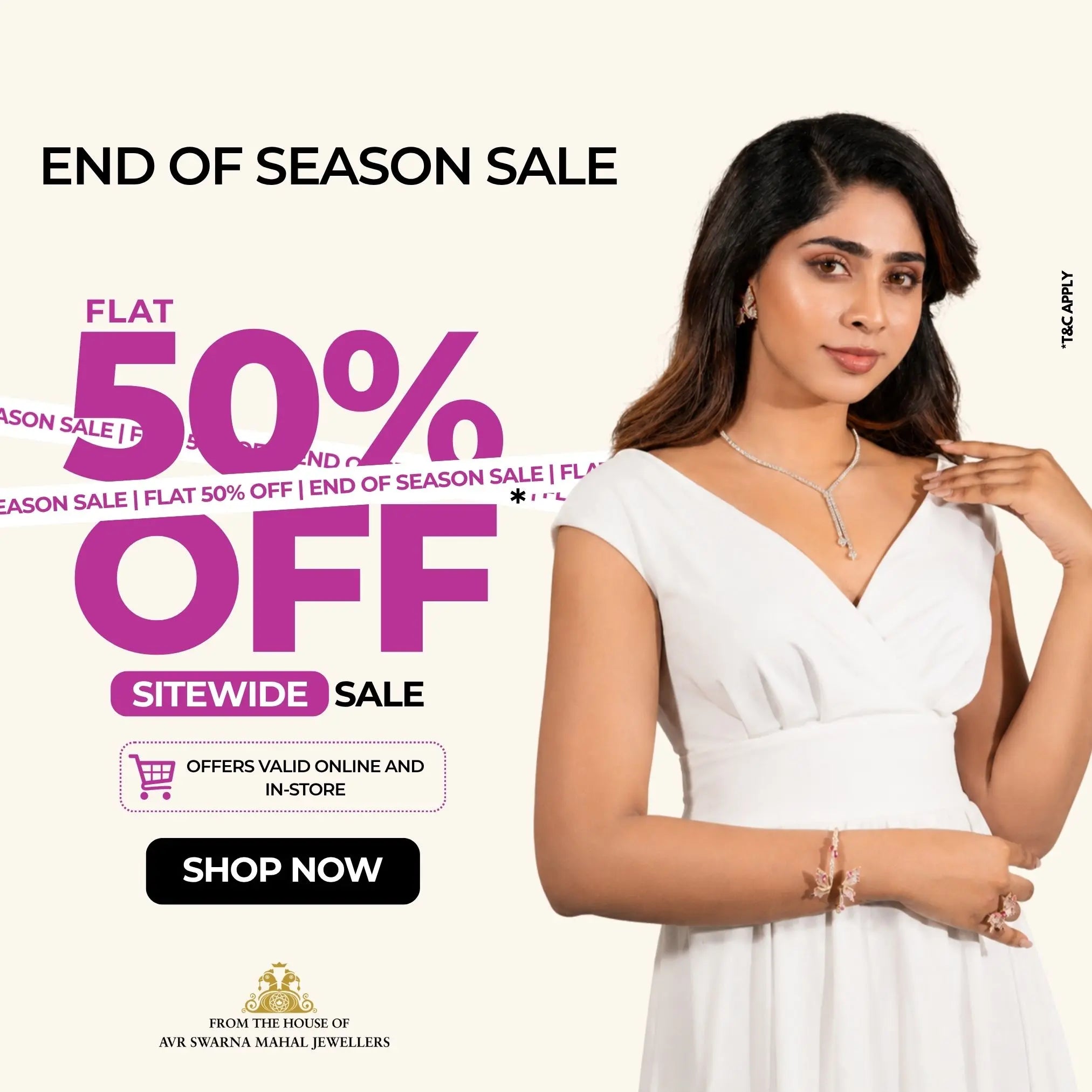 A promotional sale graphic for Aw Swema Mahal Jewellers featuring a woman in a white dress on the right, with large text reading 'END OF SEASON SALE', 'FLAT 50% OFF', 'SITEWIDE SALE', and 'SHOP NOW' on a light cream background.