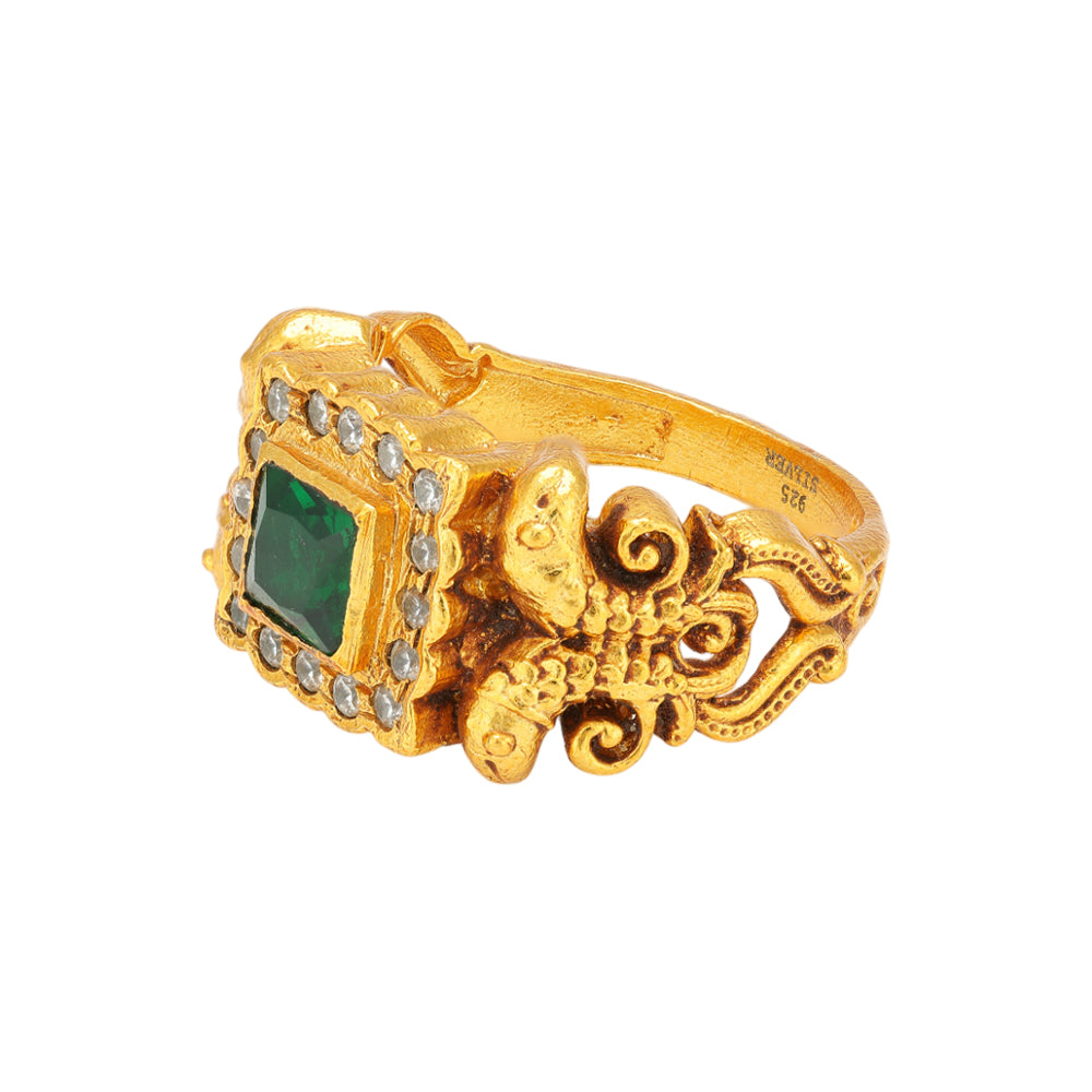Verdant Cube 925 Gold Plated Carved Manga Sides Rings