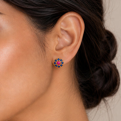 Vibrant Multi-Color Round Gemstone Flower Silver Studs