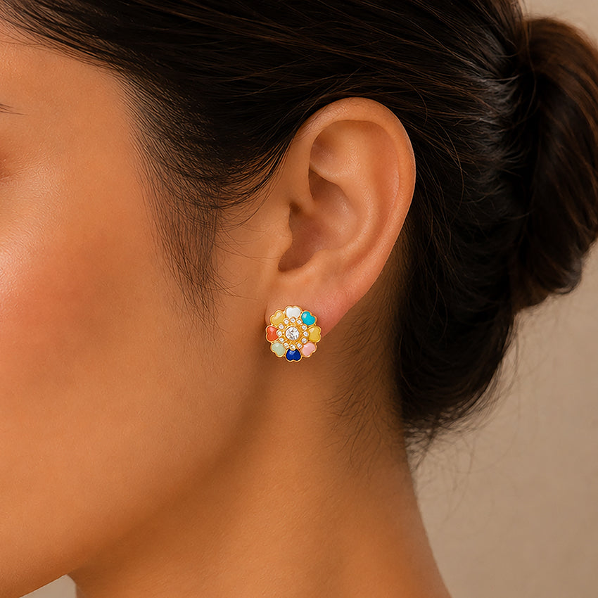 Vibrant Pastel Heart Petal Crystal Silver Flower Studs