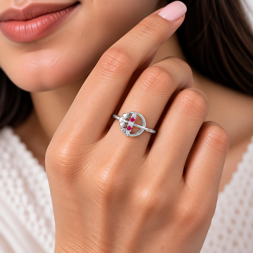 Vibrant Pink White Stone 925 Sterling Silver Circular Frame Ring for Women