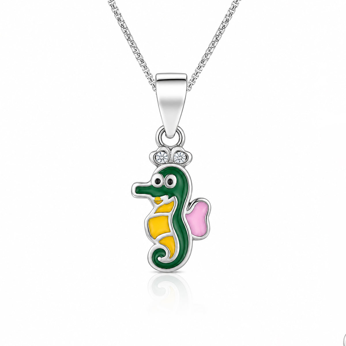 Vibrant Enamel Seahorse Silver Pendant