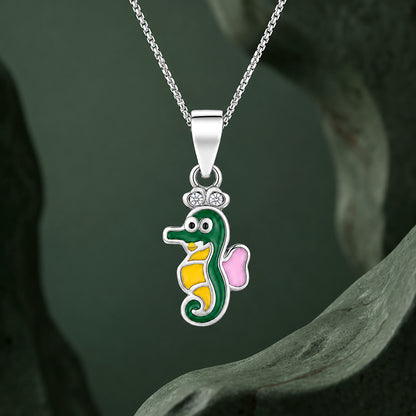 Vibrant Enamel Seahorse Silver Pendant