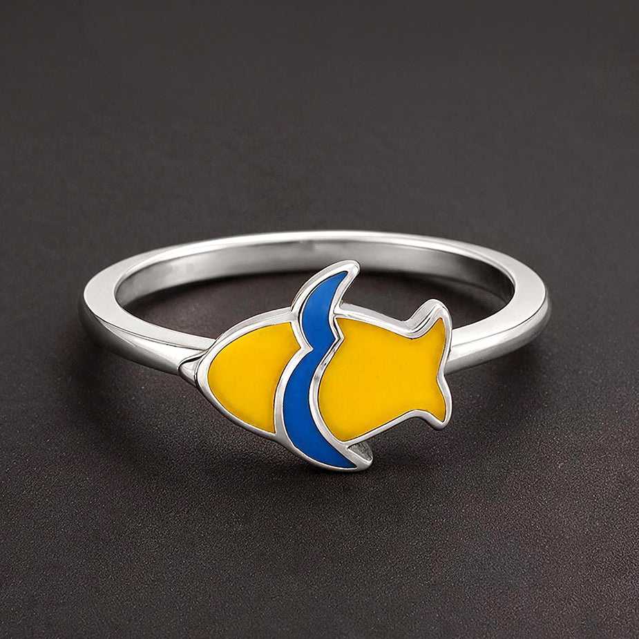 Vibrant Enamel Yellow Fish Silver Ring