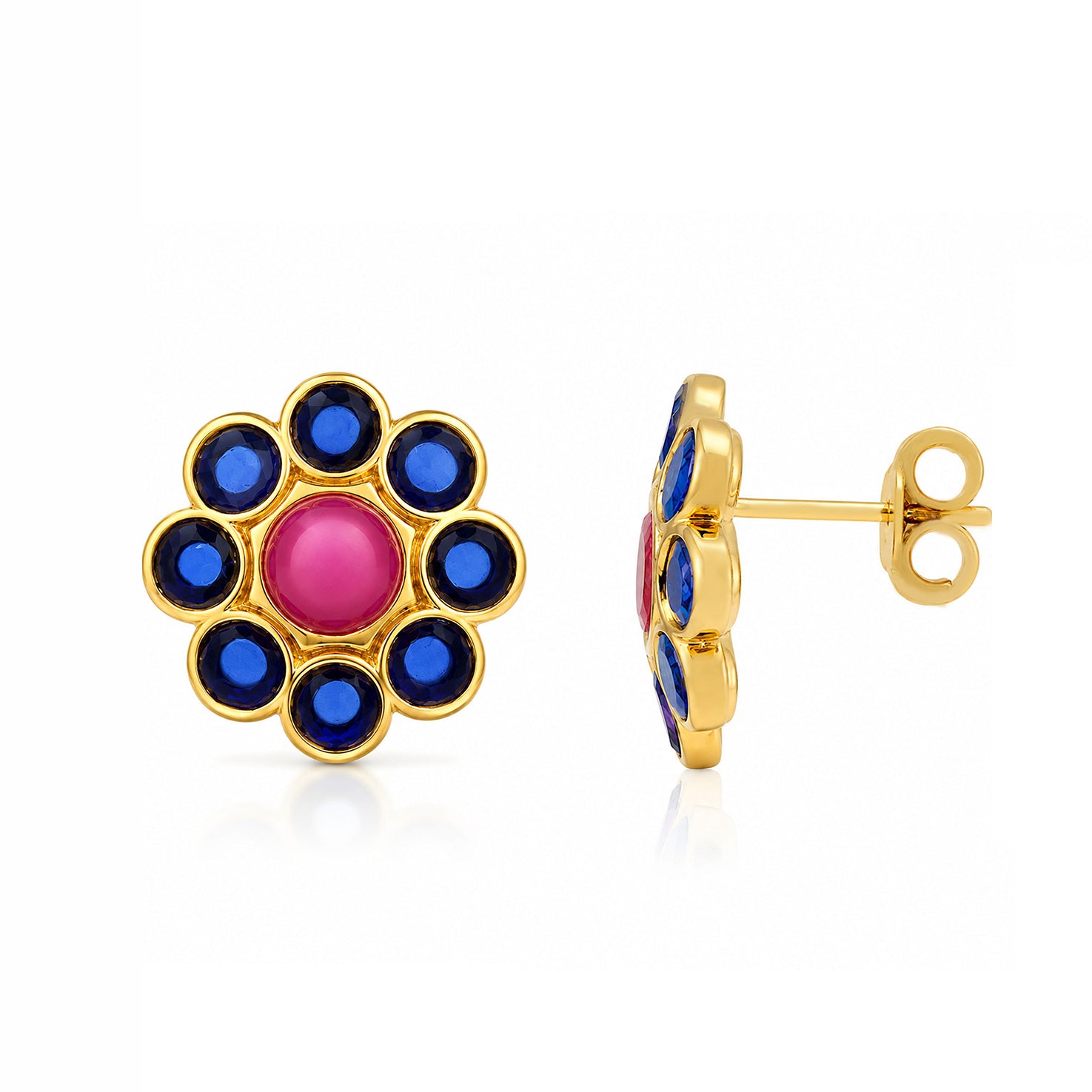 Vibrant Multi-Color Round Gemstone Flower Silver Studs