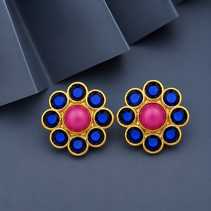 Vibrant Multi-Color Round Gemstone Flower Silver Studs