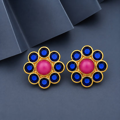 Vibrant Multi-Color Round Gemstone Flower Silver Studs