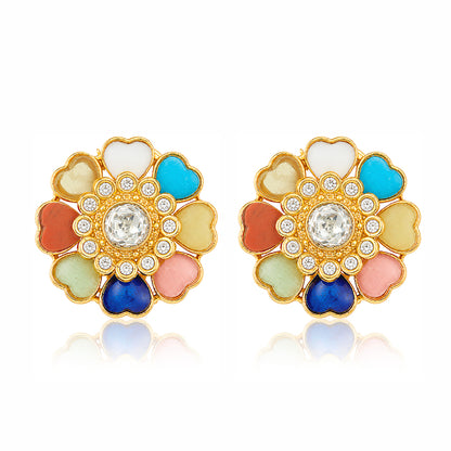Vibrant Pastel Heart Petal Crystal Silver Flower Studs