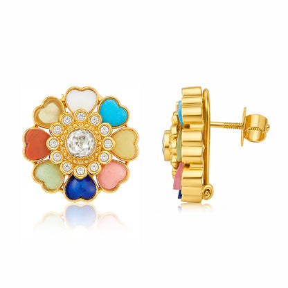 Vibrant Pastel Heart Petal Crystal Silver Flower Studs