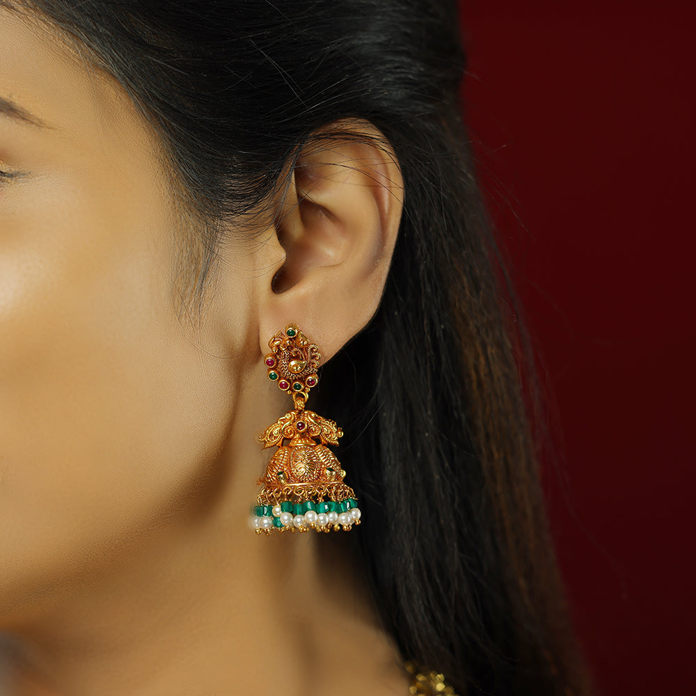 Vibrant Peacock 925 Gold Plated Pearly Drops Earrings