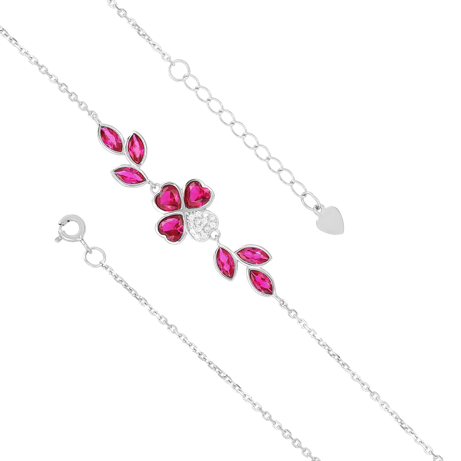 Vibrant Pink Clover Intricate Leaf Rhodium Bracelets