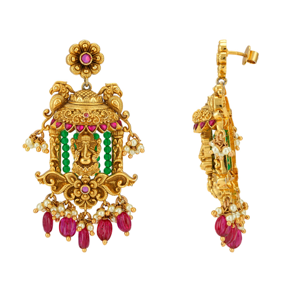 Vinayakar Chariot Dual Parrot Detail Gold Plated Earrings
