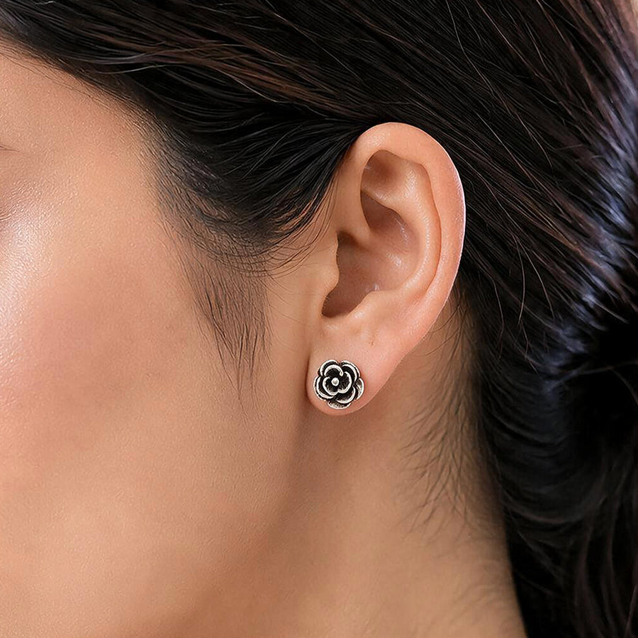 Vintage Blooming Rose Oxidized Silver Ear Studs