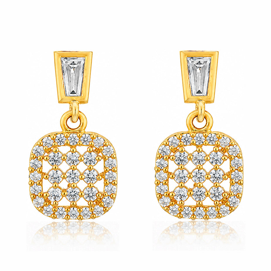 Vintage Cushion Lattice Gold Drop Silver Earrings