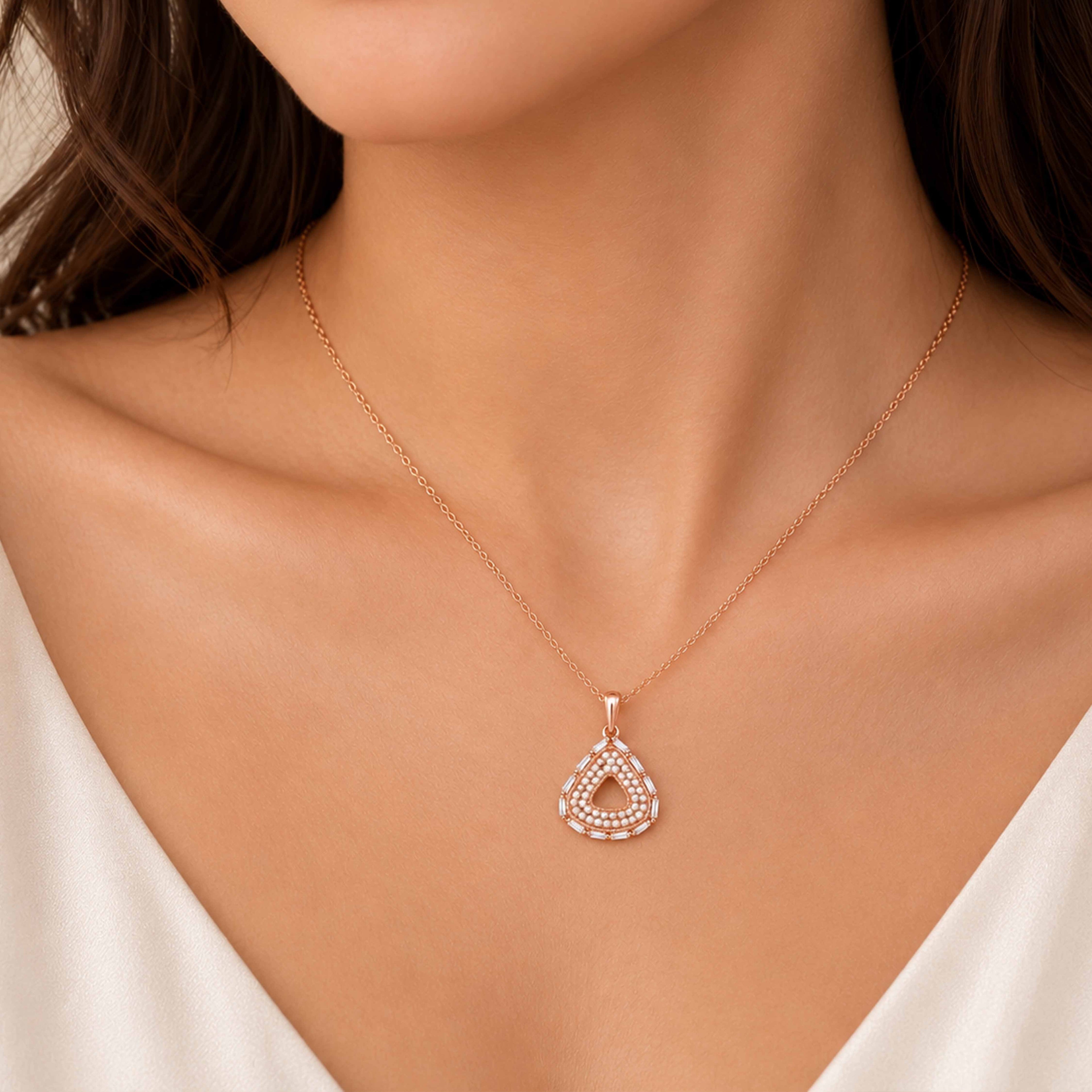 Vintage Halo Shield Pearl Baguette Rose Gold Pendant