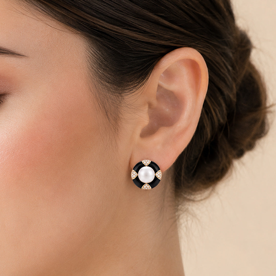 Vintage Pearl Black Enamel Silver Stud Earrings