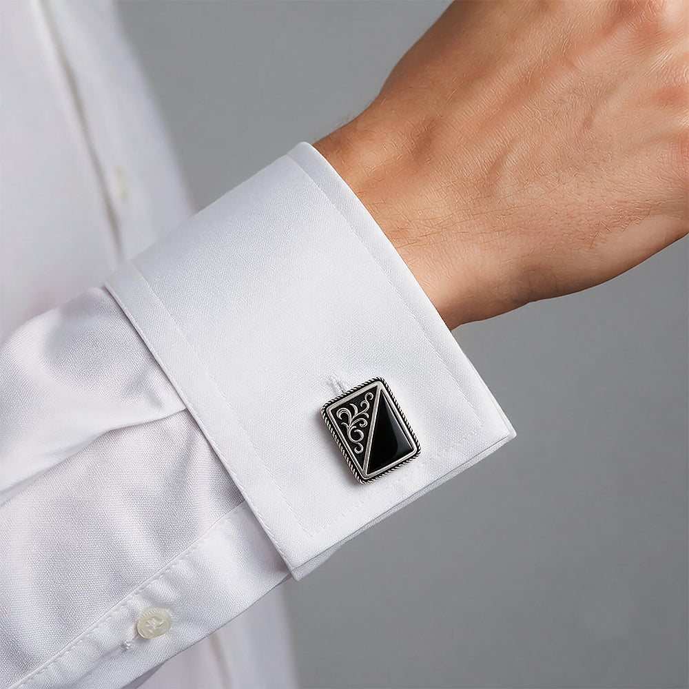 Vintage Silver Onyx Scroll Cufflinks